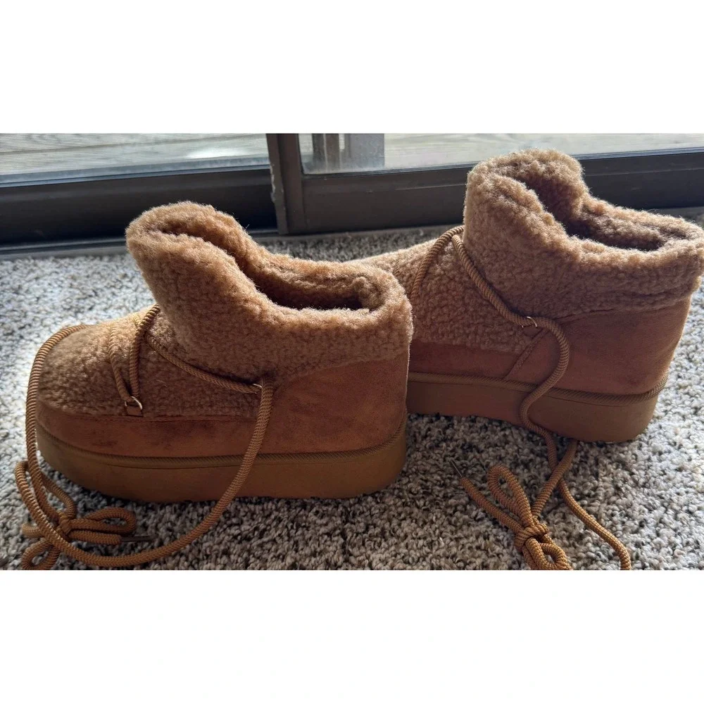 Chestnut Faux Shearling Platform Ankle Boots Lace Up Winter Borg Booties Brown